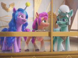 Size: 600x452 | Tagged: safe, screencap, izzy moonbow, sunny starscout, thunder flap, earth pony, pegasus, pony, unicorn, g5, my little pony: a new generation, spoiler:my little pony: a new generation, animated, ball, cropped, female, gif, horn, hornball, male, mare, pegasus royal guard, royal guard, stallion, sunny starscout is not amused, trio, unamused