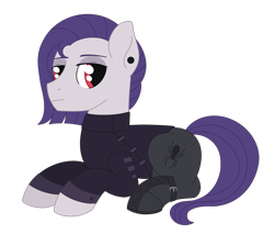 Size: 1489x1267 | Tagged: safe, artist:dyonys, funnel web, earth pony, pony, g4, clothes, ear piercing, earring, februpony, goth, jewelry, lying down, male, piercing, simple background, stallion, transparent background