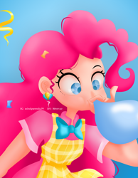Size: 4277x5500 | Tagged: safe, artist:windywendy29, pinkie pie, human, g4, absurd resolution, apron, balloon, blowing up balloons, blue background, bow, bowtie, clothes, cute, diapinkes, ear piercing, earring, female, humanized, jewelry, piercing, shirt, simple background, skirt, solo, t-shirt