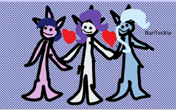 Size: 4000x2500 | Tagged: safe, artist:nitlynjane, rarity, trixie, twilight sparkle, unicorn, anthro, unguligrade anthro, g4, 1000 hours in ms paint, abstract background, female, heart, high res, holding hands, lesbian, looking at you, polyamory, quality, shipping, smiling, smiling at you, text, trio, trio female, twixity, wat