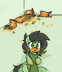 Size: 585x681 | Tagged: safe, artist:plunger, oc, oc only, oc:anon, oc:filly anon, earth pony, human, pony, :<, bad pony, caught, cheeto dust, cheetos, choking, cute, dirty, earth pony oc, female, filly, foal, food, food on face, grabbing, hand, human oc, imminent punishment, looking at you, lying down, male, mare, offscreen character, offscreen human, on back, ponified animal photo, question mark, sad, simple background, this will end in grounding, this will not end well, worried