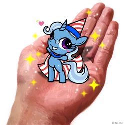 Size: 980x980 | Tagged: safe, artist:.mao, artist:sechst_himmel, trixie, pony, unicorn, g4, 2013, bipedal, cape, clothes, glasses, hand, hat, heart, holding, holding a pony, in goliath's palm, oakatrixie, osaka trixie, pixiv, simple background, size difference, sparkles, standing on two hooves, white background