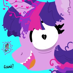 Size: 600x600 | Tagged: safe, artist:pink-pone, smarty pants, twilight sparkle, pony, unicorn, g4, cyan background, glowing, glowing horn, horn, insanity, messy mane, open mouth, simple background, solo, twilight snapple, unicorn twilight