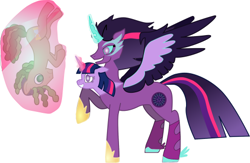 Size: 500x325 | Tagged: safe, artist:dragonfly-creative, sandalwood, twilight sparkle, alicorn, earth pony, pony, equestria girls, g4, excited, female, fusion, magic, magic aura, male, mare, midnight sparkle, multiple heads, sheepish grin, simple background, stallion, telekinesis, twilight sparkle (alicorn), two heads, we have become one, white background, worried
