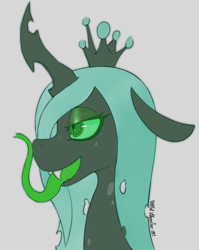 Size: 1710x2149 | Tagged: source needed, safe, artist:wild-thunder06, queen chrysalis, changeling, changeling queen, g4, crown, fangs, female, forked tongue, green tongue, jewelry, long tongue, regalia, slit pupils, solo, tongue out