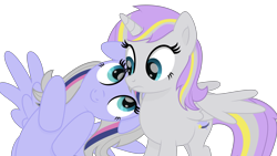 Size: 5773x3267 | Tagged: safe, artist:starcollider, oc, oc only, oc:starcollider, alicorn, pony, g4, the ticket master, .svg available, absurd resolution, alicorn oc, alternate design, base used, design ponidox, duo, duo female, female, horn, looking at each other, looking at someone, mare, self paradox, self ponidox, simple background, smiling, spread wings, svg, transparent background, vector, wings