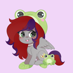 Size: 2000x2000 | Tagged: safe, artist:yomechka, oc, oc only, oc:evening prose, frog, pegasus, pony, female, freckles, frog hat, high res, jewelry, leaf, mare, necklace, pearl necklace, pink background, simple background, solo