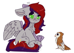Size: 1591x1145 | Tagged: safe, oc, oc only, oc:evening prose, barn owl, bird, owl, pegasus, pony, female, floppy ears, freckles, jewelry, mare, necklace, pearl necklace, simple background, solo, transparent background
