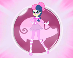 Size: 1884x1500 | Tagged: safe, artist:machakar52, bon bon, sweetie drops, equestria girls, g4, barely eqg related, clothes, cosplay, costume, crossover, female, gloves, hand on hip, looking at you, mask, miraculous ladybug, pigella, pink shoes, ponytail, rose lavillant, shoes, solo