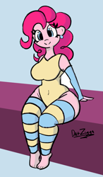 Size: 1791x3072 | Tagged: safe, artist:datzigga, pinkie pie, equestria girls, g4, arm warmers, barefoot, bottom heavy, breasts, busty pinkie pie, clothes, ear piercing, earring, feet, humanized, jewelry, leggings, leotard, piercing, solo, wide hips