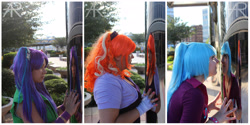 Size: 3461x1732 | Tagged: safe, artist:high-maintenance, adagio dazzle, aria blaze, sonata dusk, human, bronycon, bronycon 2015, equestria girls, g4, clothes, cosplay, costume, disguise, disguised siren, fingerless gloves, gloves, irl, irl human, photo, reflection, the dazzlings