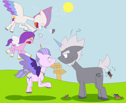 Size: 1280x1051 | Tagged: safe, artist:legacy-galaxy, alphabittle blossomforth, cloudpuff, pipp petals, queen haven, zipp storm, armadillo, dog, flying pomeranian, pegasus, pomeranian, pony, unicorn, g5, my little pony: a new generation, female, hilarious in hindsight, male, mare, road sign, ship:alphahaven, shipping, sky, stallion, stepdad alphabittle, straight, winged dog