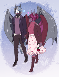 Size: 2463x3191 | Tagged: safe, artist:askbubblelee, oc, oc only, oc:ellis blu, oc:magenta scroll, bat pony, anthro, unguligrade anthro, anthro oc, bat pony oc, blushing, boots, clothes, coat, commission, couple, digital art, dress, duo, fangs, female, flower, hair bun, happy, hearts and hooves day, high res, holding hands, holiday, husband and wife, jacket, jewelry, looking at each other, looking at someone, male, mare, married, married couple, oc x oc, pants, ring, rose, shipping, shoes, slit pupils, smiling, snow, snowfall, stallion, straight, sweater, valentine's day, wedding ring