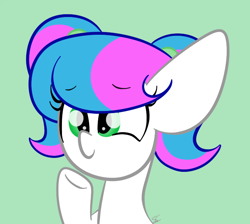 Size: 718x644 | Tagged: safe, artist:sugarcloud12, oc, oc:sugar cloud, pony, alternate hairstyle, bust, female, green background, mare, pigtails, portrait, simple background, solo