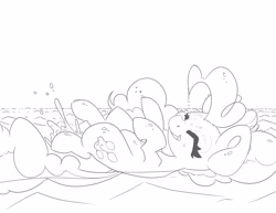 Size: 3300x2550 | Tagged: safe, artist:leadhooves, pinkie pie, earth pony, pony, g4, black and white, eyes closed, female, grayscale, high res, lineart, lying down, mare, monochrome, on back, simple background, solo, swimming, white background