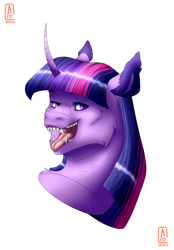 Size: 1812x2596 | Tagged: safe, artist:anelaponela, twilight sparkle, bat pony, bat pony unicorn, hybrid, pony, unicorn, g4, alternate design, cheek fluff, curved horn, ear fluff, fangs, female, horn, looking at you, mare, mawshot, open mouth, redesign, simple background, smiling, smiling at you, teeth, tongue out