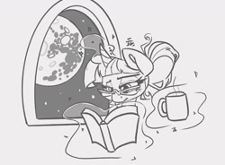 Size: 1024x753 | Tagged: safe, artist:leadhooves, twilight sparkle, pony, unicorn, g4, alternate hairstyle, book, coffee mug, female, glasses, grayscale, levitation, magic, mare, mare in the moon, monochrome, moon, mug, night, reading, solo, telekinesis, unicorn twilight