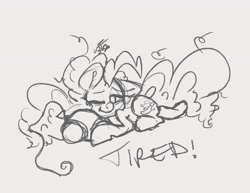 Size: 3300x2550 | Tagged: safe, artist:leadhooves, pinkie pie, earth pony, pony, g4, female, grayscale, high res, lying down, mare, messy mane, monochrome, one eye closed, pillow, prone, sketch, solo