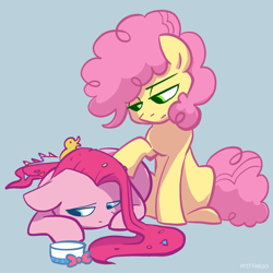 Size: 2048x2048 | Tagged: safe, artist:pfeffaroo, li'l cheese, pinkie pie, earth pony, pony, g4, the last problem, duo, high res, pinkamena diane pie, sad, simple background