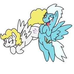 Size: 400x400 | Tagged: safe, artist:kushina13, fleetfoot, surprise, pegasus, pony, g1, g4, adoraprise, angry, blushing, cute, diafleetes, duo, emotions, female, fleetfoot can fly, flying, g1 to g4, generation leap, mare, silly, simple background, surprise can fly, surprise is not amused, tongue out, unamused, varying degrees of want, white background