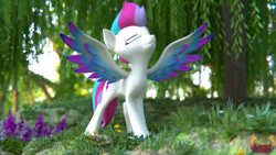Size: 7680x4320 | Tagged: safe, artist:loveslove, zipp storm, pegasus, pony, g5, my little pony: a new generation, 3d, absurd file size, absurd resolution, blurry background, colored wings, dandelion, eyes closed, female, flower, forest, gradient wings, grass, solo, source filmmaker, spread wings, wings