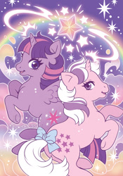 Size: 629x900 | Tagged: safe, artist:celesse, idw, twilight, twilight sparkle, alicorn, pony, unicorn, g1, g4, my little pony: generations, bow, comic, comic cover, crossover, duo, duo female, female, g4 to g1, generation leap, logo, looking at you, mare, open mouth, open smile, rainbow, smiling, smiling at you, stars, tail, tail bow, twilight sparkle (alicorn)