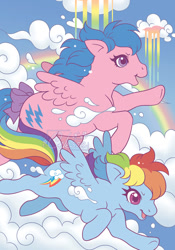 Size: 629x900 | Tagged: safe, artist:celesse, idw, firefly, rainbow dash, pegasus, pony, g1, g4, my little pony: generations, cloud, cover, duo, female, g4 to g1, generation leap, mare, no logo, rainbow, textless