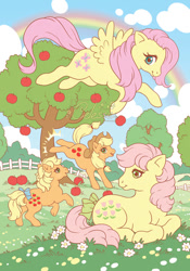 Size: 629x900 | Tagged: safe, artist:celesse, idw, applejack, applejack (g1), fluttershy, posey, earth pony, pegasus, pony, g1, g4, my little pony: generations, apple, apple tree, cottagecore, cover, duality, fence, flower, g4 to g1, generation leap, generational ponidox, rainbow, tree