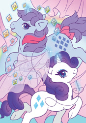 Size: 629x900 | Tagged: safe, artist:celesse, idw, rarity, sparkler (g1), pony, unicorn, g1, g4, my little pony: generations, bow, comic, g4 to g1, gem, generation leap, sewing needle, tail, tail bow, thread
