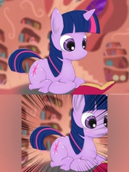 Size: 1500x2000 | Tagged: safe, artist:snk, twilight sparkle, pony, unicorn, g4, 2 panel comic, book, comic, female, golden oaks library, lying down, mare, prone, reading, smiling, solo, unicorn twilight, zoomed in