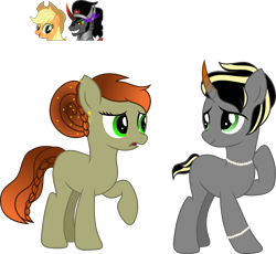 Size: 1928x1772 | Tagged: safe, artist:littlejurnalina, applejack, king sombra, oc, earth pony, pony, unicorn, g4, curved horn, earth pony oc, female, full body, gradient mane, gradient tail, green eyes, hooves, horn, mare, offspring, open mouth, parent:applejack, parent:king sombra, parents:sombrajack, raised hoof, short tail, simple background, smiling, standing, tail, transparent background, two toned mane, two toned tail, unicorn oc