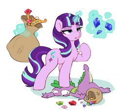 Size: 1178x1073 | Tagged: safe, artist:orchidpony, spike, starlight glimmer, dragon, pony, unicorn, g4, abuse, antagonist, big crown thingy, crown, element of magic, evil starlight, gem, graveyard of comments, jewelry, magic, regalia, robbery, s5 starlight, sack, scepter, simple background, spikeabuse, telekinesis, trampling, twilight scepter, white background
