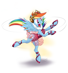 Size: 3846x4096 | Tagged: safe, artist:naivintage, rainbow dash, pegasus, pony, g4, ballerina, ballet slippers, body control, clothes, dancing, headphones, high res, jewelry, leotard, open mouth, rainbow dash always dresses in style, rainbowrina, solo, tiara, tomboy taming, tutu