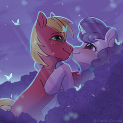 Size: 3300x3300 | Tagged: safe, artist:auroracursed, big macintosh, sugar belle, butterfly, pony, unicorn, g4, couple, female, high res, male, night, romantic, ship:sugarmac, shipping, straight