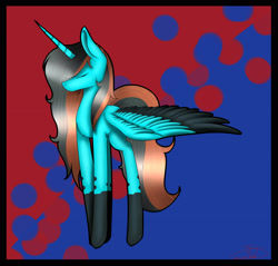 Size: 2502x2396 | Tagged: safe, artist:maneblue, oc, oc only, alicorn, pony, abstract background, alicorn oc, coat markings, colored wings, eyes closed, high res, horn, signature, socks (coat markings), solo, two toned wings, wings