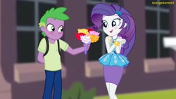 Size: 2048x1152 | Tagged: safe, artist:georgegarza01, rarity, spike, human, equestria girls, g4, blushing, bouquet of flowers, clothes, cute, duo, female, flower, geode of shielding, human spike, magical geodes, male, raribetes, rarity peplum dress, ship:sparity, shipping, shirt, skirt, spikabetes, straight