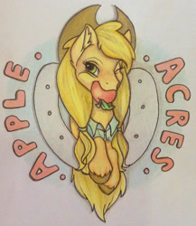 Size: 1229x1414 | Tagged: safe, artist:razledazle, applejack, earth pony, pony, g4, bust, ear fluff, hat, mouth hold, solo, traditional art, unshorn fetlocks