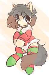 Size: 1655x2538 | Tagged: safe, artist:drawtheuniverse, oc, oc only, oc:osha, earth pony, pony, candy, candy cane, christmas, clothes, female, food, holiday, mare, socks, solo, stockings, striped socks, thigh highs