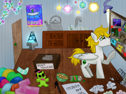 Size: 1600x1200 | Tagged: safe, artist:kaikururu, oc, oc only, pegasus, pony, indoors, lava lamp, male, pegasus oc, plushie, raised hoof, solo, stallion