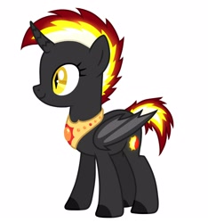 Size: 1500x1600 | Tagged: safe, artist:miurimau, oc, oc only, alicorn, bat pony, bat pony alicorn, pony, bat pony oc, bat wings, colored hooves, eyelashes, folded wings, full body, hooves, horn, mane of fire, peytral, show accurate, simple background, slit pupils, smiling, solo, standing, white background, wings