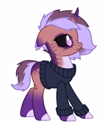 Size: 1400x1650 | Tagged: safe, artist:miurimau, oc, oc only, pony, unicorn, black sclera, clothes, colored hooves, freckles, horn, simple background, solo, unicorn oc, white background