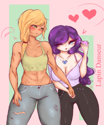Size: 2024x2429 | Tagged: safe, artist:lapindanseur, applejack, rarity, equestria girls, g4, abs, blushing, breasts, busty rarity, cleavage, female, heart, high res, holding hands, lesbian, selfie, ship:rarijack, shipping