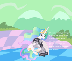 Size: 1708x1448 | Tagged: safe, alternate version, anonymous artist, artist:cheezedoodle96, artist:wardex101, edit, princess celestia, twilight sparkle, alicorn, pony, g4, horse play, the return of harmony, affection, alternate ending, bad end, chaos, comforting, comforting twilight, crying, depressed, discorded, discorded landscape, discorded twilight, duo, female, floppy ears, green sky, hug, mare, momlestia, momlestia fuel, motherly, reconciliation, remorse, sad, scene interpretation, simple background, sitting, sorrow, text, twilight sparkle (alicorn), twilight tragedy, winghug, wings