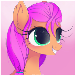 Size: 1280x1280 | Tagged: safe, artist:nnaly, sunny starscout, earth pony, pony, g4, g5, my little pony: a new generation, bust, cute, eyelashes, female, gradient background, long eyelashes, mare, pink background, portrait, simple background, smiling, solo, starry eyes, sunnybetes, wingding eyes