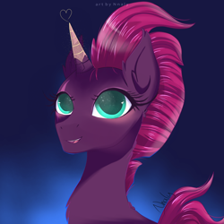 Size: 1280x1280 | Tagged: safe, artist:nnaly, fizzlepop berrytwist, tempest shadow, pony, unicorn, g4, blue background, gradient background, horn, scar, simple background, smiling, solo, starry eyes, tempest gets her horn back, wingding eyes