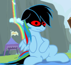Size: 789x720 | Tagged: safe, edit, edited screencap, screencap, rainbow dash, pegasus, pony, g4, rainbow falls, .exe, 1000 hours in ms paint, animated, belly, bellyrubs, black pupils, come here, creepy, fanart, female, gif, looking at you, nightmare fuel, rainbow.exe, red sclera, reformed, smoldless.exe, solo