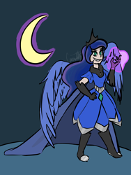 Size: 1668x2224 | Tagged: safe, artist:carconutty, nightmare moon, princess luna, human, g4, belt, boots, cape, clothes, crescent moon, female, gloves, grin, humanized, jewelry, levitation, magic, moon, regalia, sharp teeth, shoes, smiling, solo, teeth, telekinesis, winged humanization, wings
