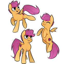 Size: 2687x2688 | Tagged: safe, artist:pointdelta, scootaloo, pegasus, pony, g4, ^^, cute, cutealoo, eyebrows, eyebrows visible through hair, eyes closed, female, filly, flying, foal, grin, high res, hooves, looking back, open mouth, open smile, raised eyebrow, scootaloo can fly, signature, simple background, small wings, smiling, solo, spread wings, standing, white background, wings
