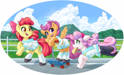 Size: 2634x1600 | Tagged: safe, artist:dstears, apple bloom, scootaloo, sweetie belle, earth pony, pegasus, pony, unicorn, g4, adorabloom, anime, bread, clothes, cute, cutealoo, cutie mark crusaders, diasweetes, female, filly, foal, food, mouth hold, open mouth, running, sailor uniform, schoolgirl toast, scooter, stockings, sweat, sweatdrop, thigh highs, toast, trio, uniform, zettai ryouiki