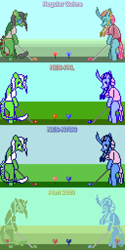 Size: 512x1024 | Tagged: safe, artist:derek the metagamer, ocellus, oc, changedling, changeling, changeling queen, dragon, g4, aseprite, atari 2600, canon x oc, changeling oc, clothes, dragoning, female, golf, golf club, nintendo entertainment system, older, older ocellus, outdoors, pixel art, shirt, sports, wings